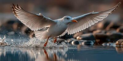 Seagull takes flight over a tranquil lake at sunset highlighting its graceful movement and vivid colors photo