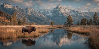 Bison standing near a tranquil pond with snow-capped mountains in the background during golden hour photo