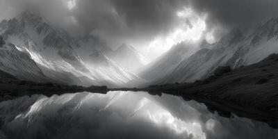 Majestic mountain landscape with dramatic clouds and serene lake reflecting the peaks at dawn photo