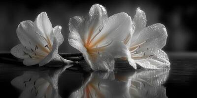 Elegant white flowers with raindrops resting on a reflective surface in soft light photo