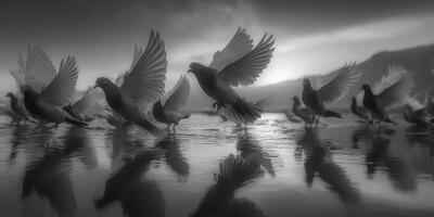 Birds take flight at sunset by the water as reflections create a serene atmosphere photo