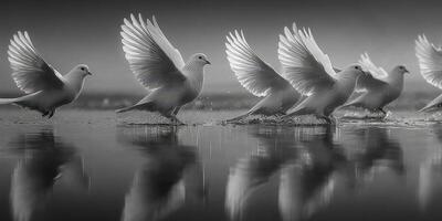 Pigeons take flight and land on the reflective water surface during a serene moment at dawn photo