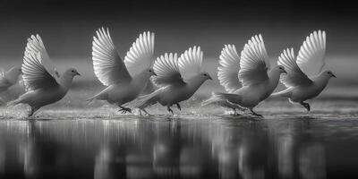 Doves take flight over water at sunrise, creating stunning reflections in the calm morning light photo