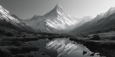 Majestic snow-capped mountain reflecting in tranquil waters at dawn in a serene alpine valley photo