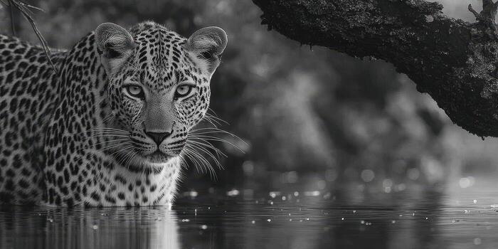 leopardo descansando en superficial agua debajo un árbol durante un calma tarde en el salvaje foto