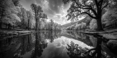 Serene reflection of trees in a calm river at dusk in a tranquil nature setting with dramatic clouds photo