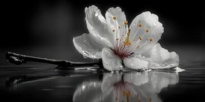 Cherry blossom resting on water with droplets reflecting its delicate features photo