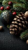 Decorative pine cone and ornament arrangement with evergreen branches and berries for festive seasonal celebration photo