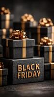 Gifts wrapped in black and gold for Black Friday promotions at a retail store during the holiday shopping season photo
