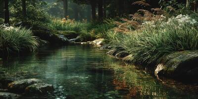 Serene river flowing through a lush forest with wildflowers in a tranquil nature setting during early morning light photo