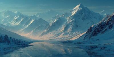 Majestic snow-covered mountains reflect in a tranquil lake during early morning light photo