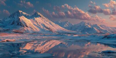 Majestic snow-covered mountains reflecting in a tranquil lake during sunset in a remote wilderness area photo