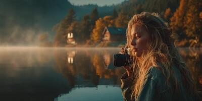Young woman taking photographs at a serene lake surrounded by trees during golden hour in a picturesque setting photo
