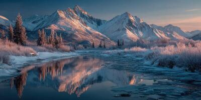Snowy mountain landscape reflects in tranquil river at dawn in a serene winter setting photo