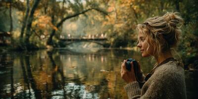 Woman holds camera by serene river during autumn afternoon with colorful foliage in peaceful natural setting photo