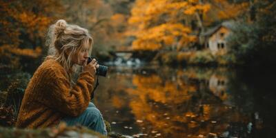 Capturing autumn moments by the serene river in a tranquil forest setting photo