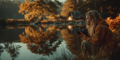 Woman capturing autumn reflections by a peaceful lake during golden hour in a serene forest setting photo