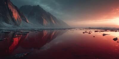 Majestic sunset reflecting on icy waters with dramatic mountains in the background photo