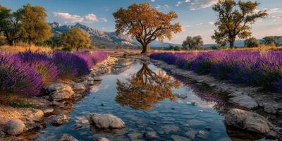 Lavender fields, calm stream, and majestic trees create a serene landscape at sunset in an idyllic rural setting photo