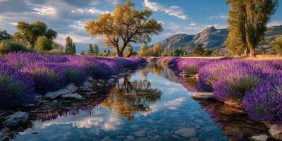 Scenic view of lavender fields beside a calm stream with mountains and trees during sunset photo