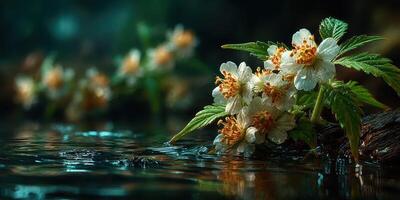 Blossoms reflecting on water surface in a tranquil setting during early morning photo