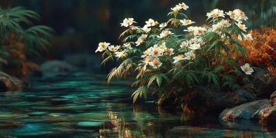 Beautiful flowers bloom beside a tranquil stream surrounded by lush greenery at dusk in a serene natural setting photo