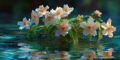 Water lilies bloom gracefully in a serene pond under soft sunlight during a tranquil afternoon photo