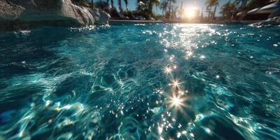 Sparkling water reflects sunlight at a tropical resort pool during sunset photo