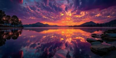 Vibrant sunset reflecting on calm lake surrounded by mountains and trees photo
