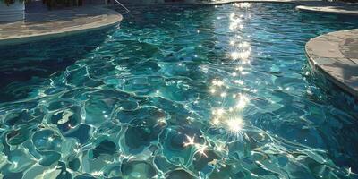 Sunlight glimmers on the surface of a serene swimming pool during a calm afternoon in a warm climate photo
