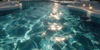 Serene evening at a resort pool reflecting soft lights and shimmering water under the night sky photo