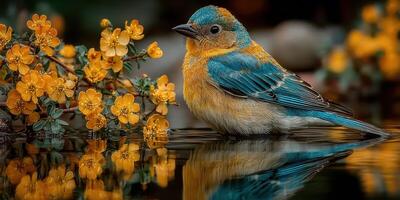 Brightly colored bird resting near blooming flowers by a tranquil pond in the afternoon light photo