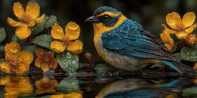 Blue and yellow bird perched near blooming yellow flowers with raindrops in a tranquil garden setting during early morning photo