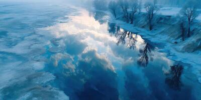 Winter landscape with frozen river reflecting clouds and trees at dawn photo