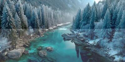 Majestic winter landscape with a serene river flowing through evergreen forests at dawn photo
