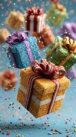 Colorful sparkling gift boxes floating amidst festive confetti in a celebratory atmosphere photo
