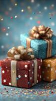 Colorful gifts stacked with ribbons surrounded by confetti on a festive background photo