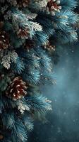 Winter foliage arrangement featuring pine branches and pine cones with a snowy background photo