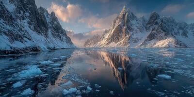 Majestic winter landscape with snow-capped peaks and calm icy waters at dawn photo