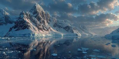 Majestic ice-covered mountains reflect in calm waters under a dramatic cloudy sky at dusk photo