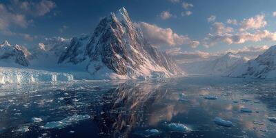 Majestic snow-capped mountains reflect in icy waters during twilight in a serene Arctic landscape photo