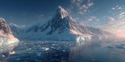 Majestic mountain glacier under early morning light with floating ice in calm water photo