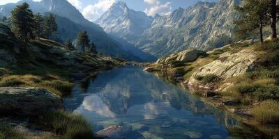 Mountain landscape with a calm reflective lake set amidst towering peaks and lush greenery during midday photo
