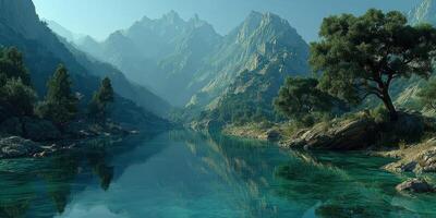 Crystal clear river flows through majestic mountain landscape under bright blue sky photo