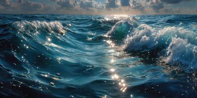 Waves shimmer under sunlit sky at ocean during midday with vibrant blue tones and white foam photo
