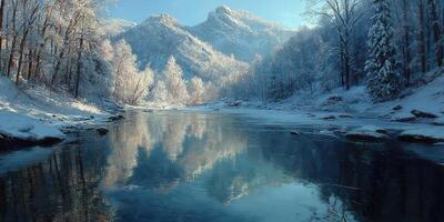 Winter landscape with snow-covered mountains and a calm river reflecting the serene surroundings in bright daylight photo