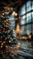 Cozy holiday atmosphere with decorated Christmas tree and warm lights in a beautifully lit indoor setting photo