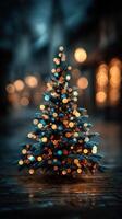 Decorated Christmas tree sparkling with warm lights in an enchanting winter evening setting photo