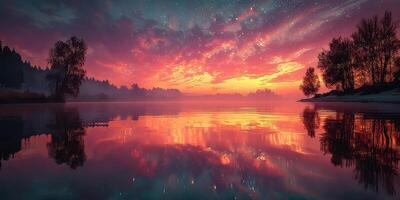 Sunset over calm lake with vibrant reflections and picturesque sky during early evening photo