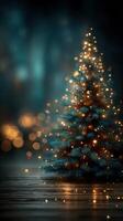 Brightly decorated Christmas tree with twinkling lights in a festive setting at night photo